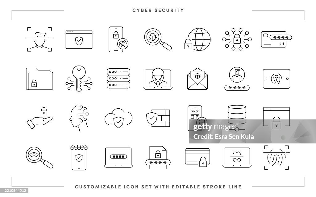 Cyber Security Line Icon Set with Editable Stroke