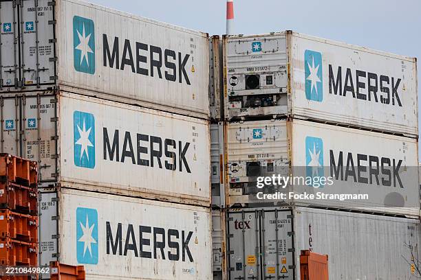 Refrigerated containers of Maersk shipping lines are stacked at the container terminal of Bremerhaven port on April 22, 2025 in Bremerhaven, Germany....