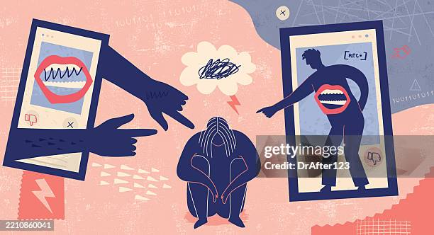 ilustraciones, imágenes clip art, dibujos animados e iconos de stock de cyber acoso escolar - violencia