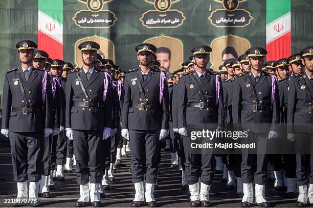 Soldiers from Iran's land, navy, air force and special forces parade on the occasion of National Army Day on April 18, 2025 in Tehran, Iran. The...