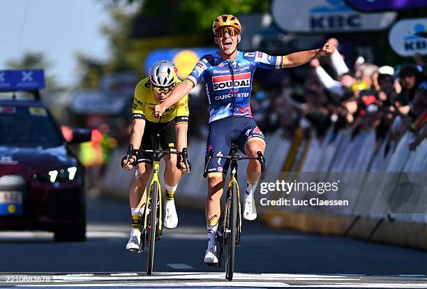 Remco Evenepoel of Belgium and Team Soudal Quick-Step celebrates at finish line as race winner during the 65th De Brabantse Pijl - La Fleche...