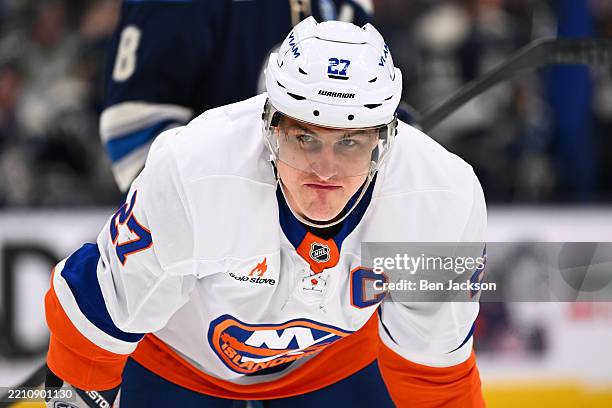Anders Lee of the New York Islanders lines up prior to a face-off during the third period of a game against the Columbus Blue Jackets at Nationwide...