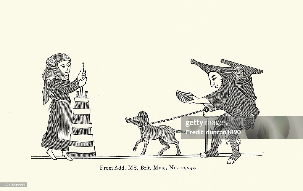 History medieval, Charity, Blind beggar with dog and carrying child on his back asking woman churning milk for alms, c.14th Century