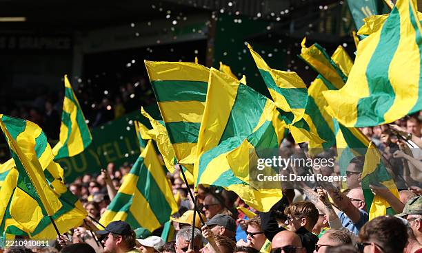Norwich City supporters during the Sky Bet Championship match between Norwich City FC and Portsmouth FC at Carrow Road on April 18, 2025 in Norwich,...