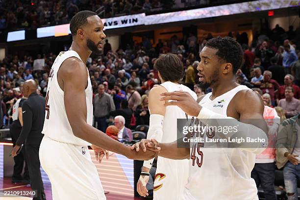 Cleveland Cavaliers players shake hands after the game on March 30, 2025 at Rocket Arena in Cleveland, Ohio. NOTE TO USER: User expressly...