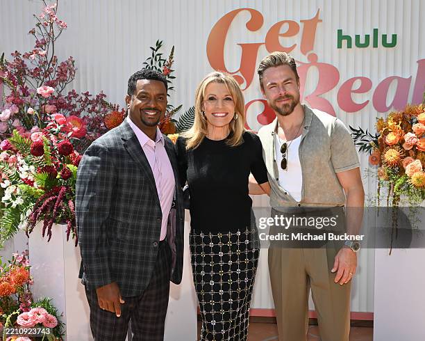 Alfonso Ribeiro, Vanna White, Derek Hough at Hulu's Get Real House held at Casa Lago on April 22, 2025 in Los Angeles, California.