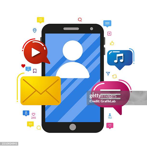 illustration depicting mobile phone interface with notifications, symbols representing multimedia communication like video, messages, email, music icons white background - iphone text message screen stock illustrations