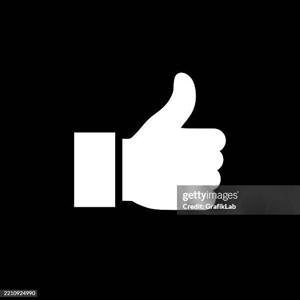 ilustraciones, imágenes clip art, dibujos animados e iconos de stock de icono minimalista de pulgar hacia arriba blanco fondo negro concepto de redes sociales - pulgar hacia arriba