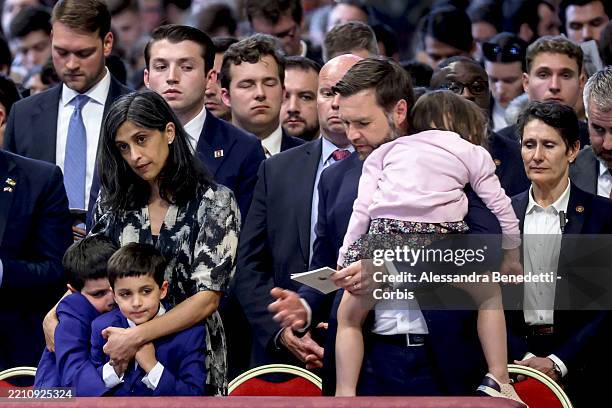 Vice President JD Vance, his wife second lady Usha Vance and their children attend Mass on Good Friday at St. Peter's Basilica on April 18, 2025 in...