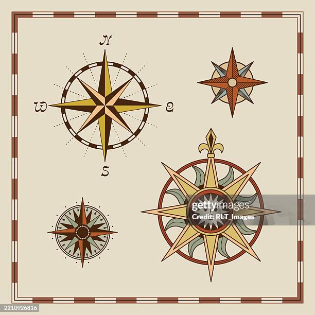vintage-inspirierte kompassrosen-designs - kompassrose stock-grafiken, -clipart, -cartoons und -symbole