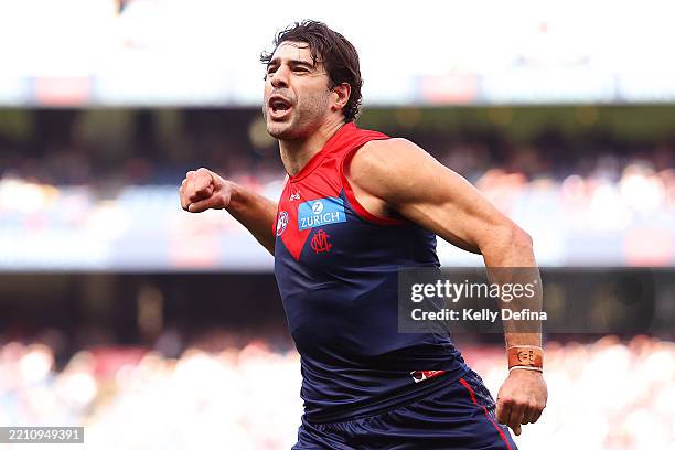 Christian Petracca of the Demons celebrates kicking a goal during the round six AFL match between Melbourne Demons and Fremantle Dockers at Melbourne...