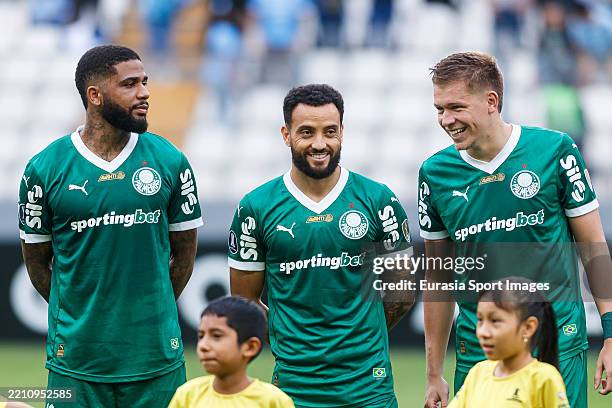 Micael, Felipe Anderson and Bruno Fuchs of Palmeiras getting into the field during a Copa CONMEBOL Libertadores 2025 match between Sporting Cristal...