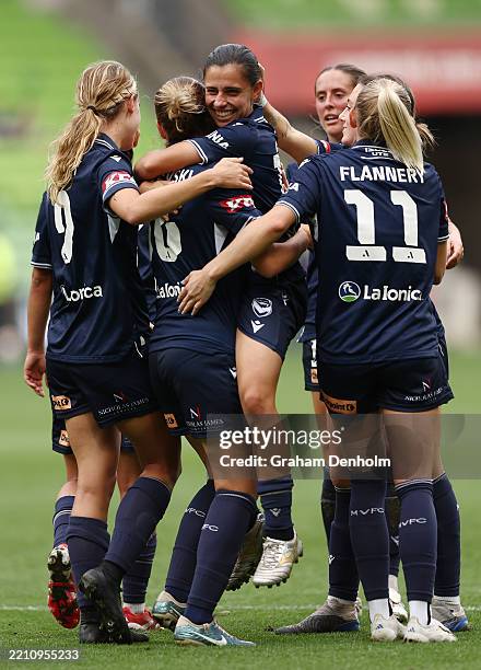 Alex Chidiac of the Victory celebrates scoring a goal during the round 23 A-League Women's match between Melbourne Victory and Brisbane Roar at AAMI...