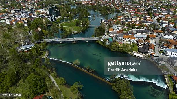 An aerial view of the Bihac, Bosnia and Herzegovina on April 21, 2025. Residents are enjoying the arrival of spring by spending time in parks and...
