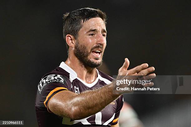 Ben Hunt of the Broncos reactsduring the round seven NRL match between New Zealand Warriors and Brisbane Broncos at Go Media Stadium, on April 19 in...