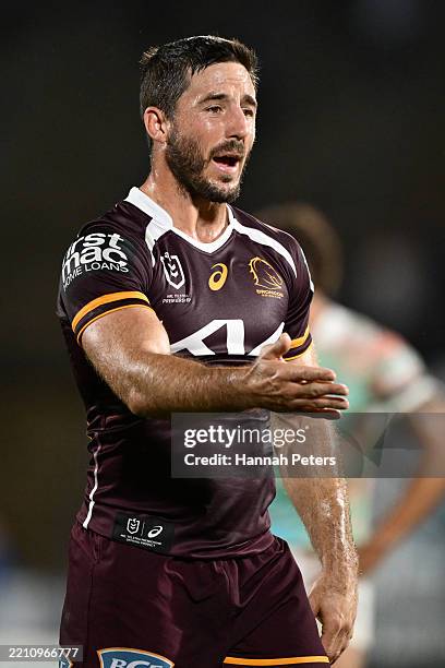 Ben Hunt of the Broncos reacts during the round seven NRL match between New Zealand Warriors and Brisbane Broncos at Go Media Stadium, on April 19 in...