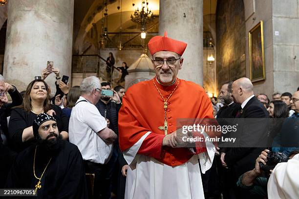 The Latin Patriarch of Jerusalem, Pierbattista Pizzaballa, enters a tribute mass for Pope Francis at Church Of The Holy Sepulchre on April 23, 2025...