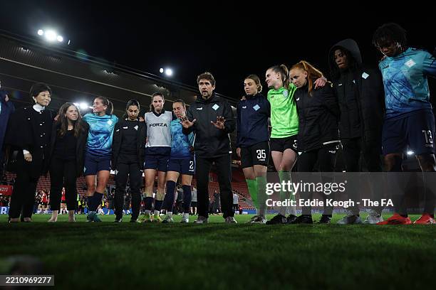 Jocelyn Precheur, Manager of London City Lionesses, speaks to the team during a huddle after the Barclays Women's Championship match between...