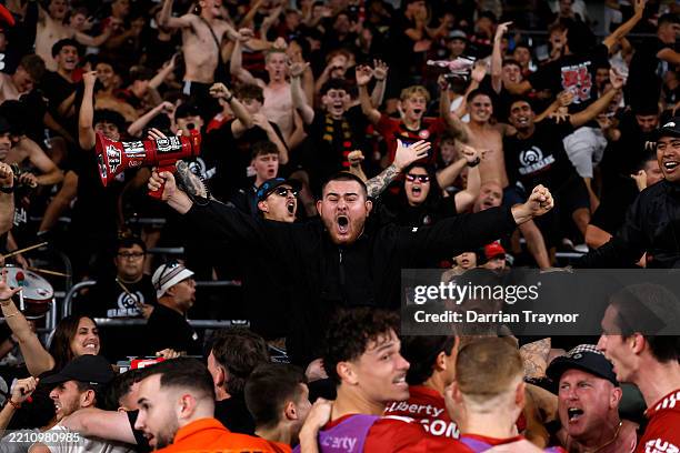 Wanderers fans celebrate a goal by Anthony Pantazopoulos of the Wanderers only for it to be overturned during the round 27 A-League Men match between...