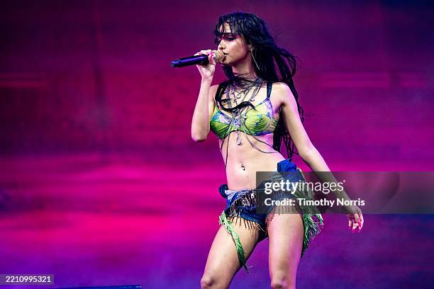 Tyla performs during the 2025 Coachella Valley Music And Arts Festival Weekend 2 - Day 1 on April 18, 2025 in Indio, California.