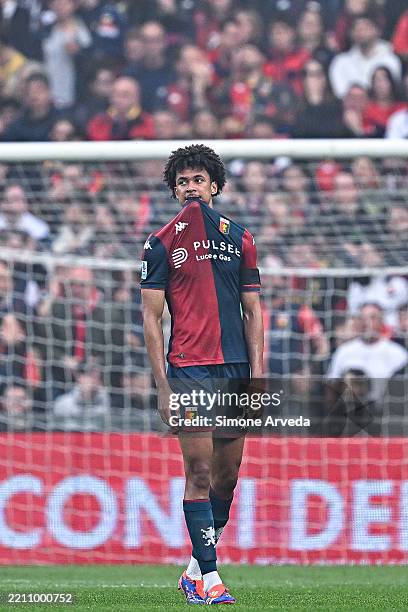 Sebastian Otoa of Genoa reacts with disappointment after being shown a red card during the Serie A match between Genoa and SS Lazio at Stadio Luigi...
