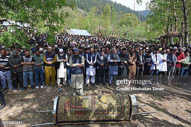 Jammu and Kashmir chief minister Omar abdullah offer funeral prayers of Adil Hussain Shah a pony ride operator who was killed in the Pahalgam attack...