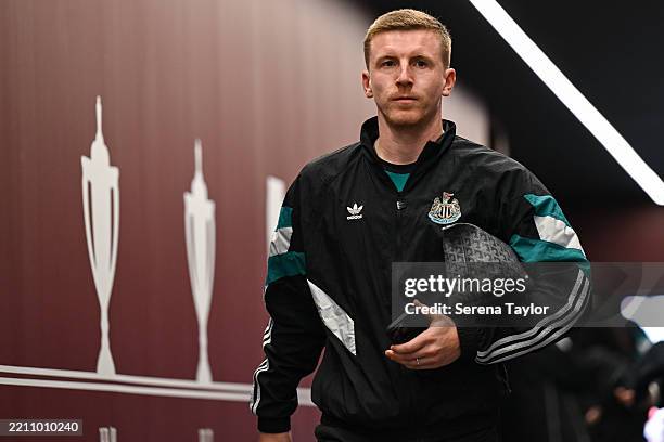 Matt Targett of Newcastkle United arrives for the Premier League match between Aston Villa FC and Newcastle United FC at Villa Park on April 19, 2025...