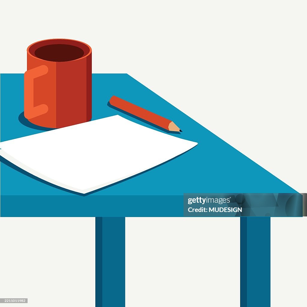 Coffee Mug with Pencil and Paper on Blue Desk Vector