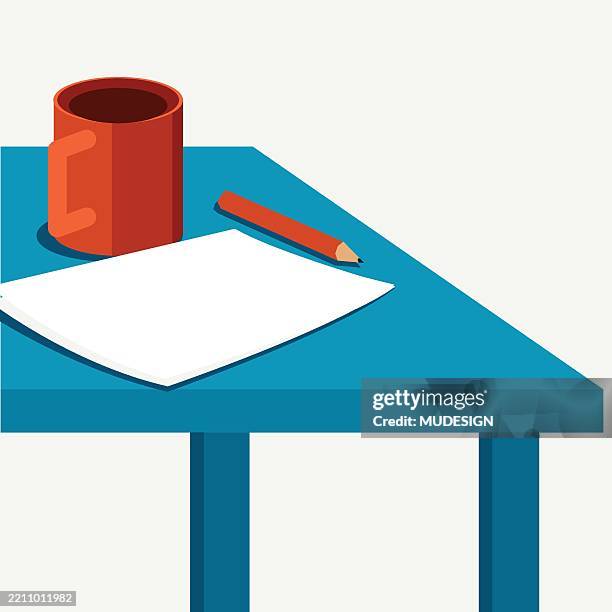 coffee mug with pencil and paper on blue desk vector - modern creative workspace stock illustrations