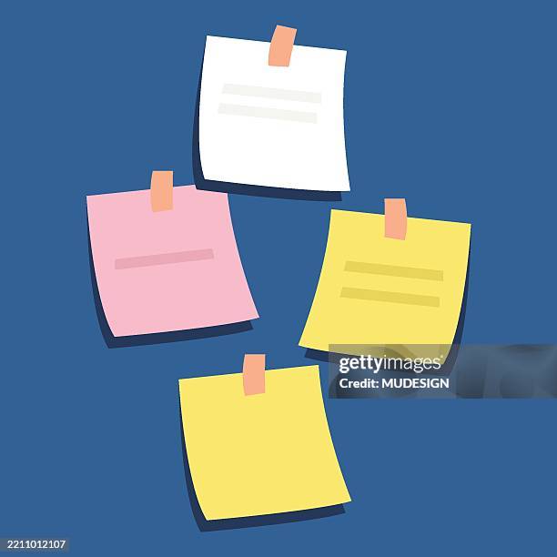 ilustrações de stock, clip art, desenhos animados e ícones de colorful sticky notes taped on blue wall vector illustration - papel adesivo