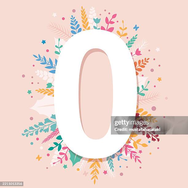 ilustrações de stock, clip art, desenhos animados e ícones de number zero with colourful foliage on a light background - zero