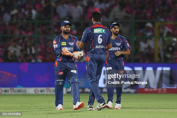 Avesh Khan of Lucknow Super Giants celebrates the wicket of Yashasvi Jaiswal of Rajasthan Royals during the 2025 IPL match between Rajasthan Royals...