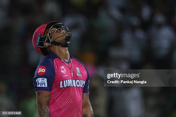 Shimron Hetmyer of Rajasthan Royals reacts after being dismissed during the 2025 IPL match between Rajasthan Royals and Lucknow Super Giants at Sawai...