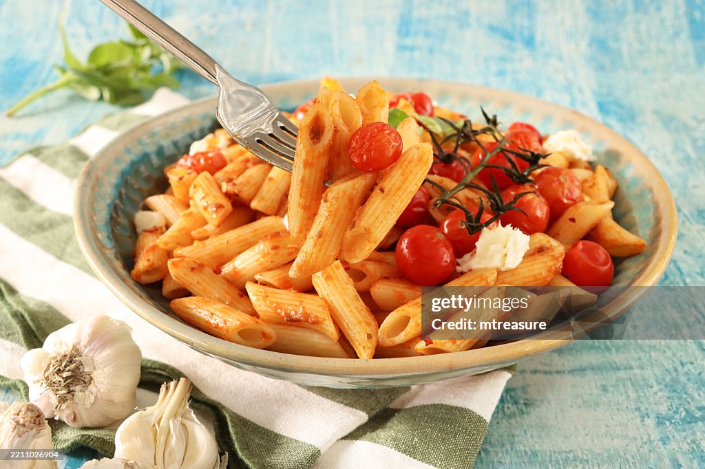 Image of hearty mediterranean plate featuring al dente penna, juicy tomatoes, aromatic herbs, creamy artisan cheese, delicate mozzarella pearls