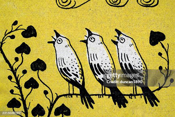 three birds perching on a branch singing, jugendstil, german art nouveau, 1890s, 19th century - animal call stock illustrations