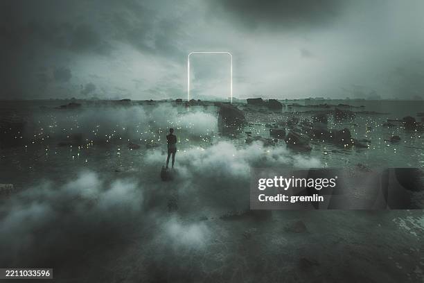 fantasy landscape with woman standing - woman walking out door silhouette stock pictures, royalty-free photos & images