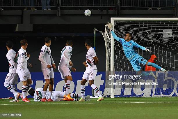 Vitor Eudes goalkeeper of Fluminense makes a save during the CONMEBOL Copa Sudamericana group F match between Union Española and Fluminense at...