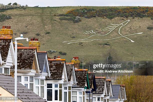 The Folkestone White Horse carved into Cheriton Hill above the English terminal of the Channel Tunnel on the 10th of April 2025 in Folkestone, United...