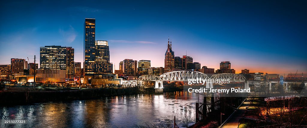 High Resolution Panoramic View of the Downtown Nashville, Tennessee Skyline at Dusk