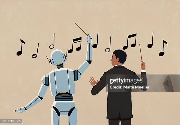 illustrazioni stock, clip art, cartoni animati e icone di tendenza di orchestra conductor watching ai robot conduct music notes on beige background - musica