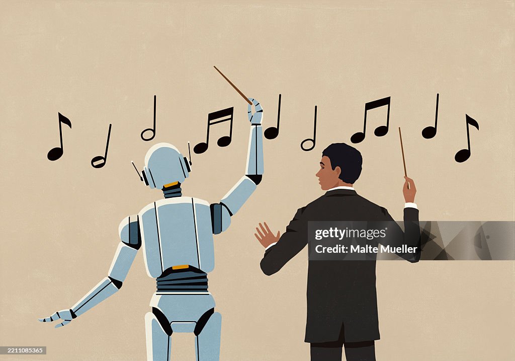Orchestra conductor watching AI robot conduct music notes on beige background