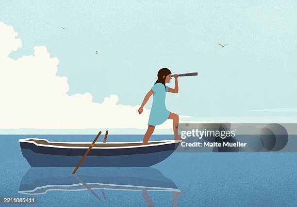 ilustrações, clipart, desenhos animados e ícones de adventurous girl using telescope on journey in rowboat on water - barco a remo