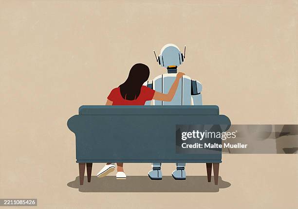 affectionate woman with arm around ai robot on sofa - attached stock illustrations