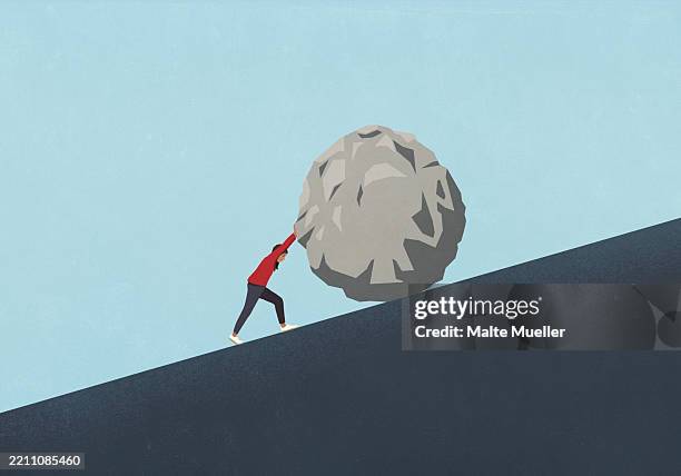 ilustrações de stock, clip art, desenhos animados e ícones de woman pushing large boulder uphill - persistência