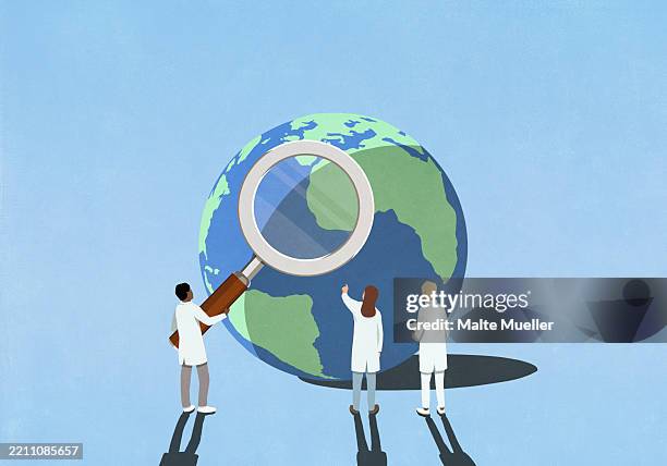 ilustrações de stock, clip art, desenhos animados e ícones de scientists with large magnifying glass examining west africa on globe - ecossistema