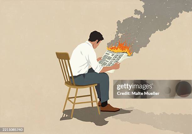 ilustrações de stock, clip art, desenhos animados e ícones de businessman reading burning newspaper - queimadas
