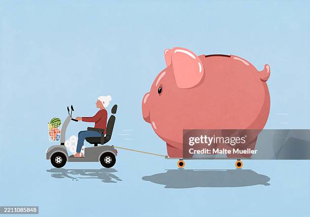 bildbanksillustrationer, clip art samt tecknat material och ikoner med senior woman in electric scooter pulling large piggy bank on skateboard - spargris