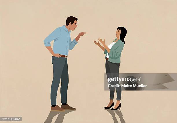 angry couple arguing, yelling and pointing at each other - adult stock illustrations