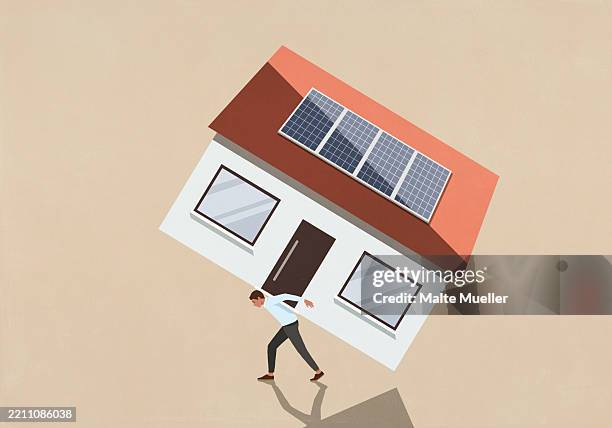 ilustraciones, imágenes clip art, dibujos animados e iconos de stock de man carrying large, heavy house with solar panels on back - problemas de vivienda