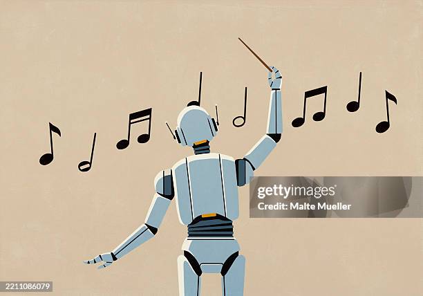 ai robot conducting music notes on beige background - entertainment occupation stock illustrations